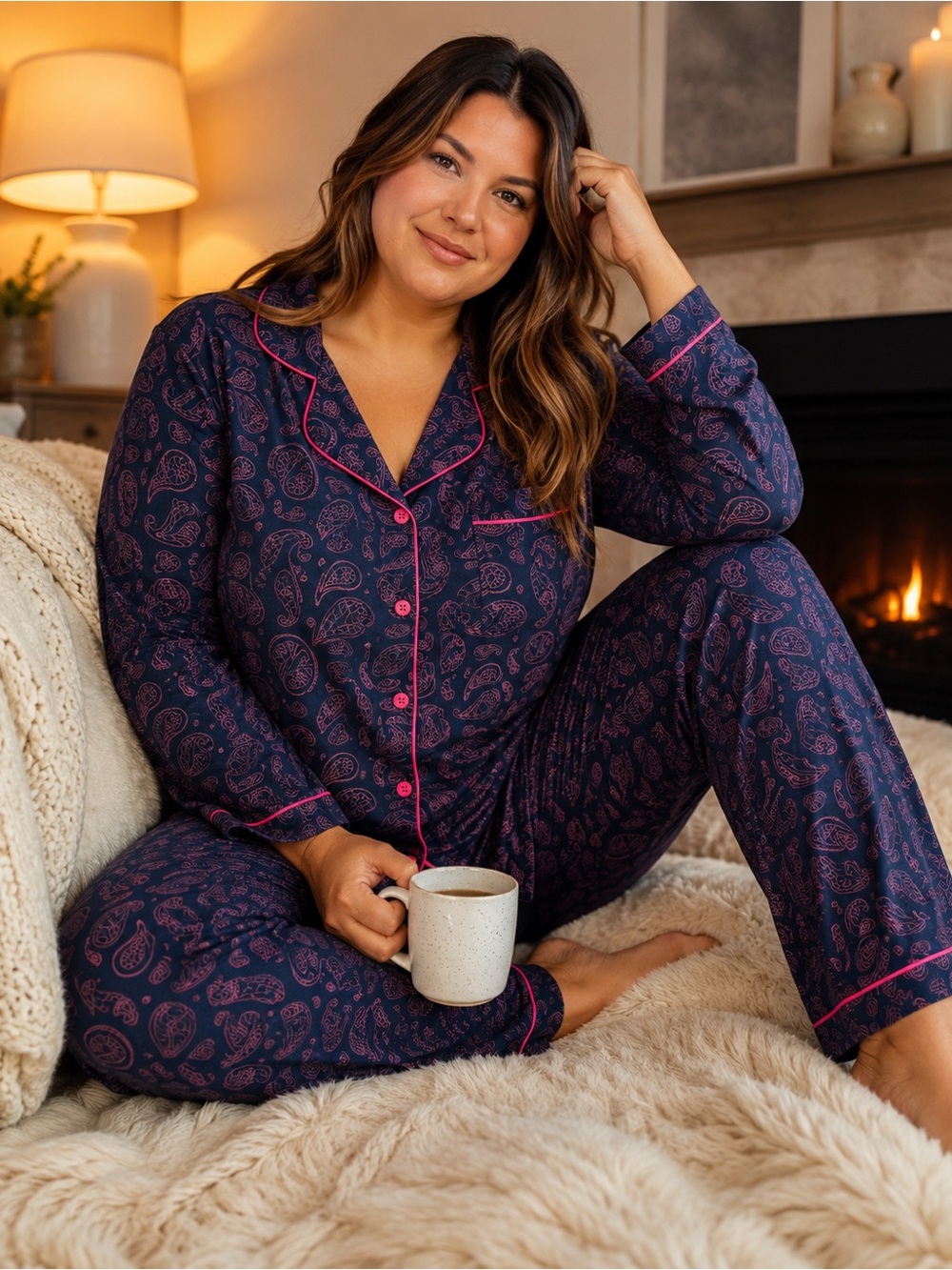 Cosabella NWT 1X Pima Cotton Modal Paisley Pajama Set Made in Peru Blue Pink
